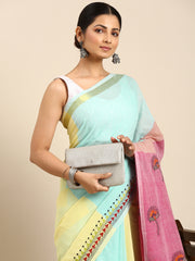 Blue Pink Pure Cotton Kantha Stitch saree