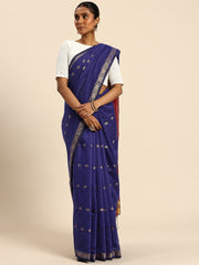 Blue & Red Zari Buti Silk Cotton Saree with blouse piece