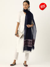 Navy,Red & White Assamese Silk Cotton Dupatta with tassels