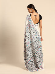 ArtEastri Handloom White Silk Kantha Saree with Blouse piece