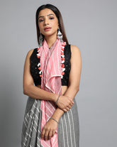Handwoven Grey Cotton Saree with pompoms