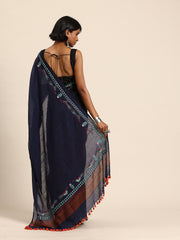ArtEastri Handloom Navy Colour Block Cotton Kantha Saree
