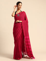 ArtEastri Maroon Magenta Solid Cotton Saree with Blouse piece