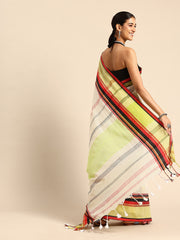 ArtEastri White Green Red Cotton Saree with Blouse piece