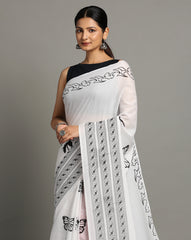 White Black Pure cotton Printed Saree with blouse piece