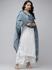 Blue Handloom Jamdani Cotton Dupatta with Pompoms