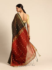 Chocolate Red Zari Buti Silk Cotton Saree with blouse piece