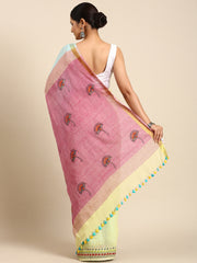 Blue Pink Pure Cotton Kantha Stitch saree