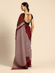 ArtEastri Maroon Red Ajrak Print Khesh Cotton Saree with Blouse piece
