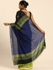 Green & Blue Multi Colourblock Handloom Cotton Kantha Stitch Saree