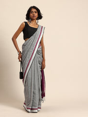 ArtEastri Handloom Grey Purple Cotton Kantha Saree