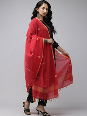 Red Handloom Jamdani Cotton Dupatta with Pompoms