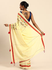 ArtEastri Yellow Red Kantha Stitch Handloom Cotton Saree with Blouse Piece