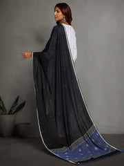 Black Blue Handloom Jamdani Cotton Dupatta with Pompoms