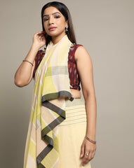 Yellow Cream Colour Block Cotton Saree with pompoms