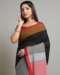 Handloom Colour block Cotton Saree with pompoms