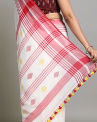 White Red Diamond Jamdani Cotton Saree