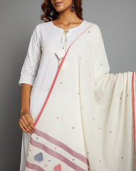 Cream Handloom Jamdani Cotton Dupatta with Pompoms