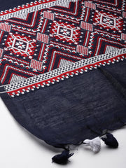 Navy,Red & White Assamese Silk Cotton Dupatta with tassels