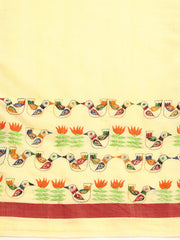 ArtEastri Yellow Red Kantha Stitch Handloom Cotton Saree with Blouse Piece