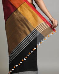 Handloom Colour block Cotton Saree with pompoms