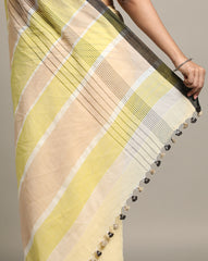 Yellow Cream Colour Block Cotton Saree with pompoms