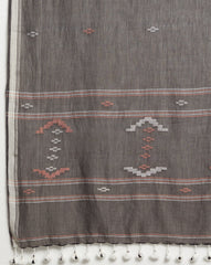 Grey Cotton Handloom Jamdani Dupatta with Pompoms