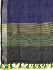 Green & Blue Multi Colourblock Handloom Cotton Kantha Stitch Saree