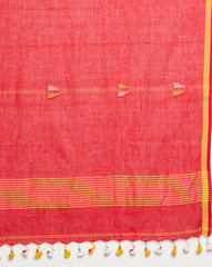 Red Handloom Jamdani Cotton Dupatta with Pompoms