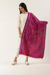 Magenta Floral Cotton Kantha Dupatta with Pompoms