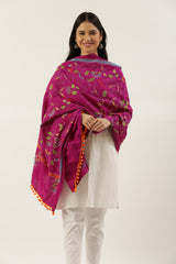 Magenta Floral Cotton Kantha Dupatta with Pompoms