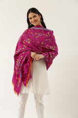 Magenta Floral Cotton Kantha Dupatta with Pompoms