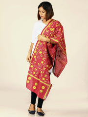Maroon Yellow Floral Kantha Cotton Stole