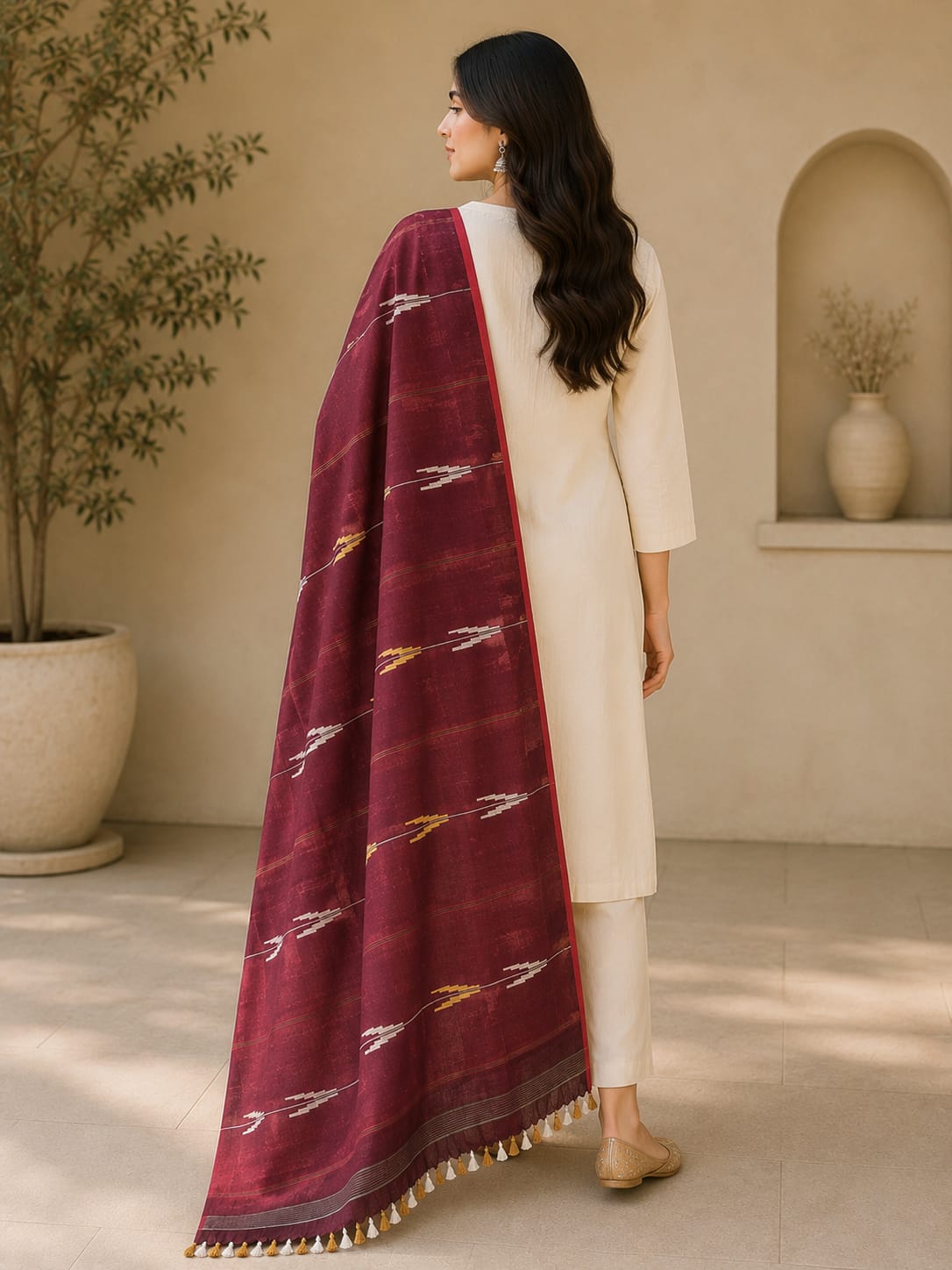 Wine Handloom Jamdani Cotton Dupatta - view 2