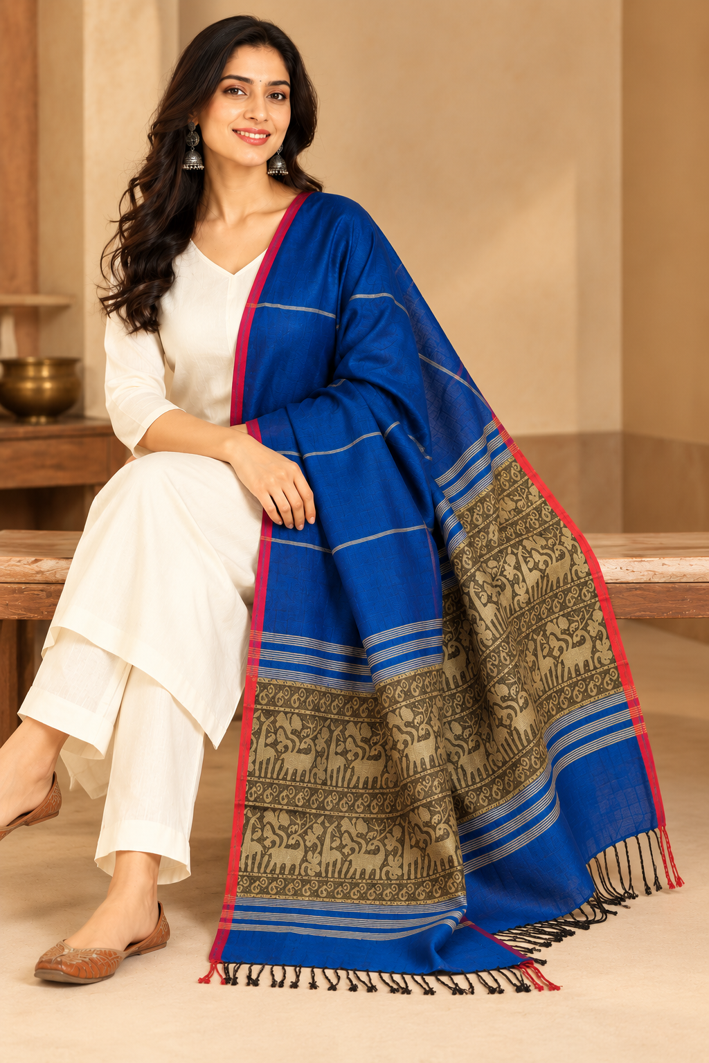 Electric Blue Handloom Baluchari Art Silk Dupatta - view 2