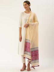 Beige and Violet Assamese Cotton Dupatta