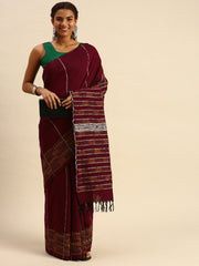 Maroon Yellow Khesh Kantha Stitch Cotton Saree