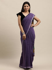 Purple Green Colour Block Cotton Saree with pompoms