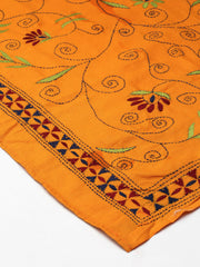 Yellow Kantha Embroidered Cotton Dupatta