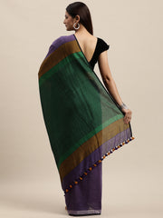 Purple Green Colour Block Cotton Saree with pompoms