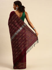 Maroon Yellow Khesh Kantha Stitch Cotton Saree