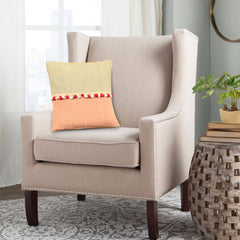 Peach Yellow Cotton Cushion Cover with pompoms - Pack of 1