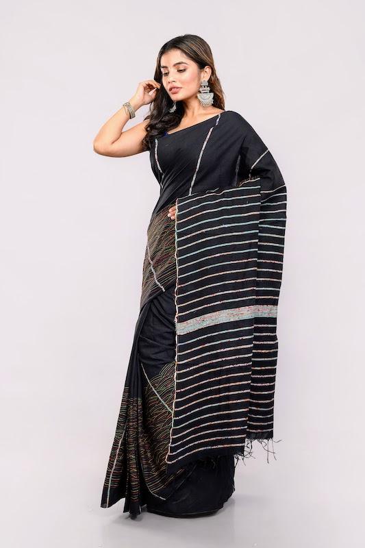 Black Handloom Khesh Kantha Stitch Cotton Saree saree Arteastri