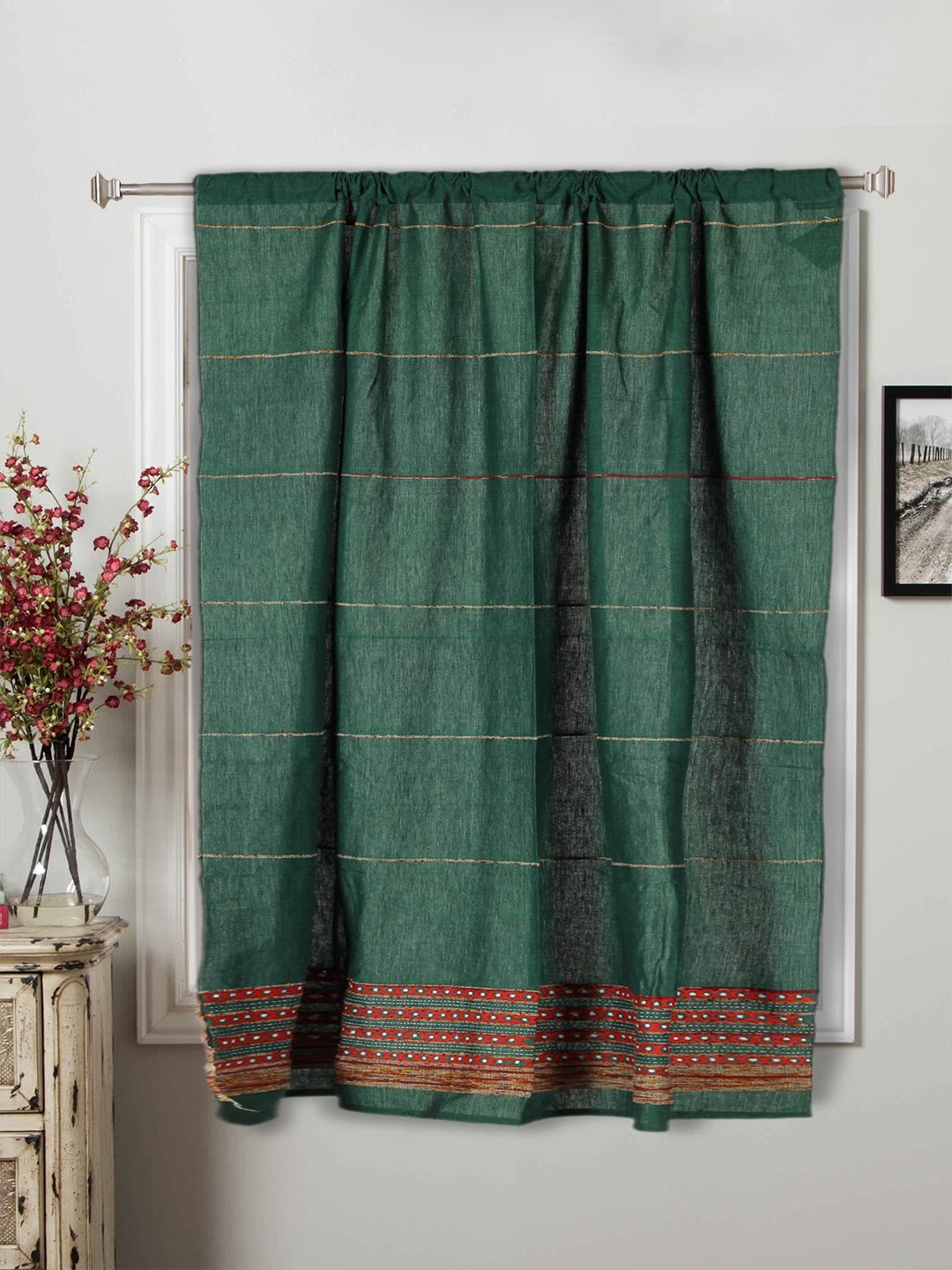 ArtEastri Handloom Cotton Khesh Dark Green Rod Pocket Window