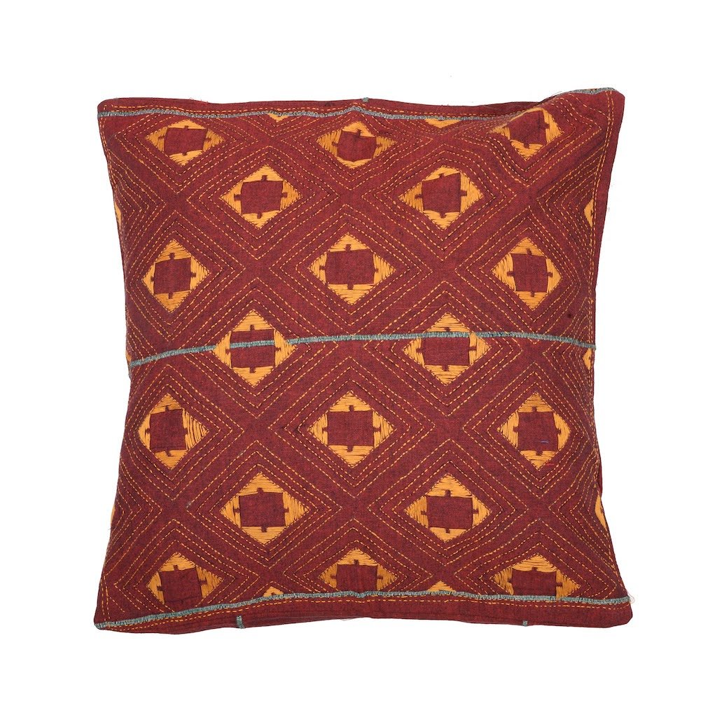 Maroon Yellow Handcrafted Kantha Cotton Cushion Cover Cushions Arteastri