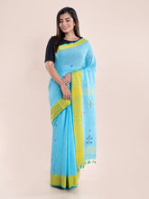 Blue Yellow Jamdani Cotton Saree With Blouse Piece