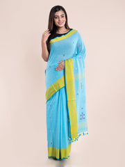 Blue Yellow Jamdani Cotton Saree With Blouse Piece