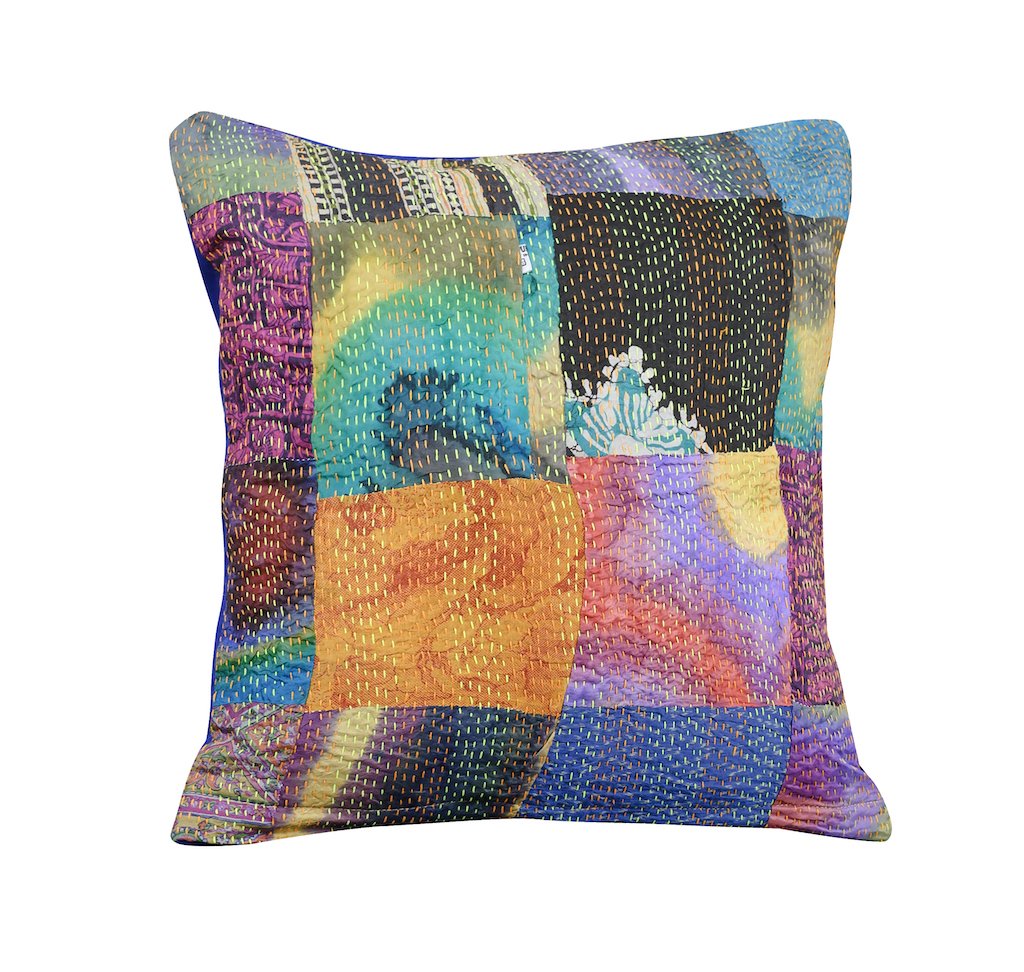 Vintage Silk Patchwork Kantha Cushion Cover - Maroon Back - Arteastri
