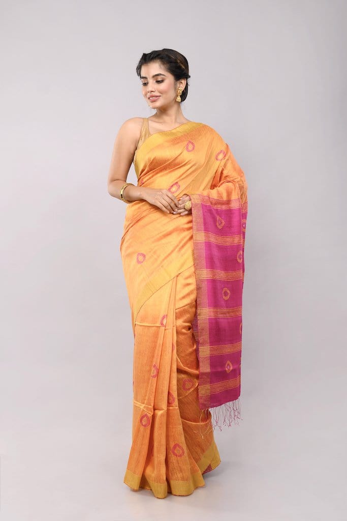 Yellow Pink Matka Silk Handloom Jamdani Saree saree Arteastri