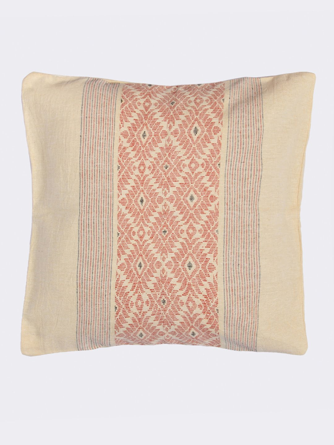Handcrafted Beige Red Cushion Cover with an Assamese design- Pack of 1